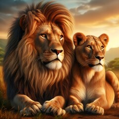 Fototapeta premium African lion couple. Pair of wildlife pride predator animals. Generate ai HD AND 3D PIC 