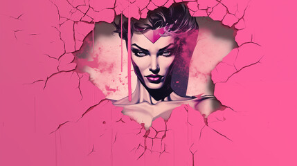 Elegant Female Superhero Emerging Through Pink Cracked Wall