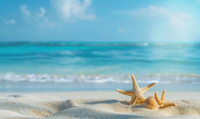 Fototapeta na wymiar Seashell Starfish on Sandy Beach: Tranquil Blue Summer Vacation Concept. - generative ai