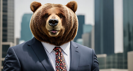 A bear wearing a suit and tie standing in front of a city skyline. - obrazy, fototapety, plakaty