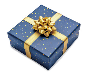 dark blue gift box with gold ribbon and a beautiful blue bow on a white isolated background.