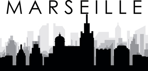 Fototapeta premium Black cityscape skyline panorama with gray misty city buildings background of MARSEILLE, FRANCE
