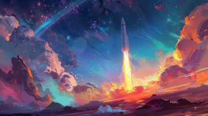 A rocket soars across a digitally painted sky, leaving a trail that turns into a vibrant rainbow, merging science with wonder. - obrazy, fototapety, plakaty