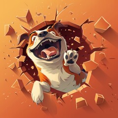 Happy dog vector character breaking free from a flat canvas, 3D elements around them highlighting the intensity of the reaction.