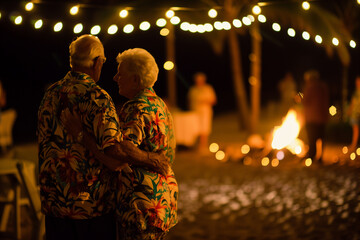 Fototapeta premium Elderly Couple Dancing Beside a Beach Bonfire at Dusk