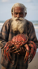 Indian old man holding a crab in his hands. Generative AI.
