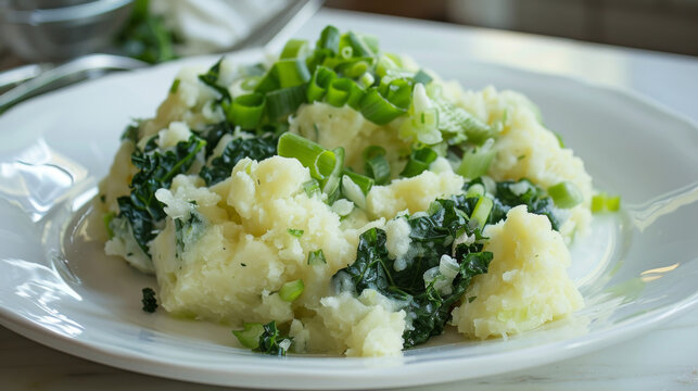 Hearty plate of colcannon, a classic irish mashed potatoes with kale and scallions
