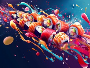 Vector art sushi rolls leap into 3D space, creating a dynamic culinary scene blending art forms and tastes.