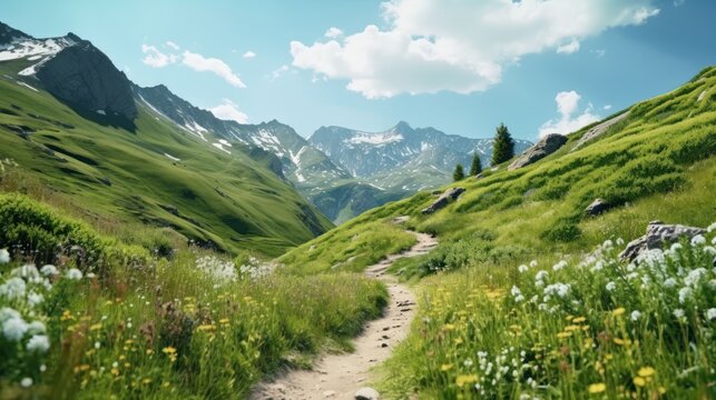 Summer landscape in mountains with trail isolated on transparent background