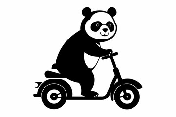 panda with scooter cartoon silhouette black, vector illustration 