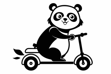 panda with scooter cartoon silhouette black, vector illustration 