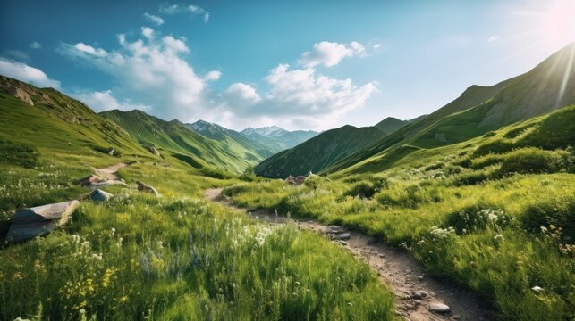 Summer landscape in mountains with trail isolated on transparent background