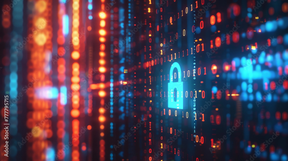 Poster digital lock amid binary code for cybersecurity concept