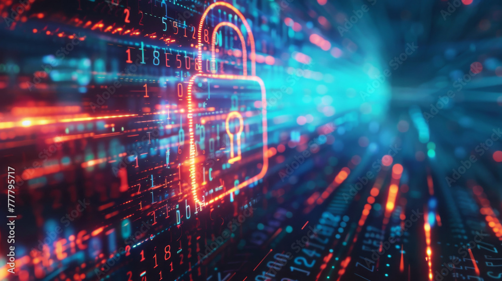 Poster abstract cyber security visual with a glowing padlock amidst binary code