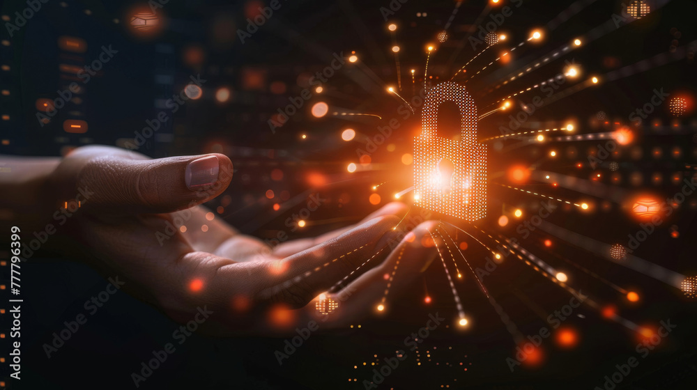 Aufkleber digital security concept with hand and virtual padlock