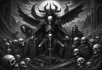 The demon lord sat among a pile of skeletons - obrazy, fototapety, plakaty