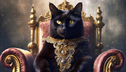 Photorealistic black cat queen in her throne. Generative AI.