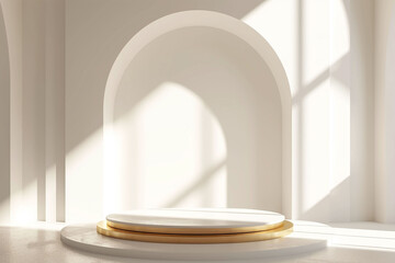 rounded podium with golden accent in front of multi layered arc shaped architecture pedestal design for cosmetic product presentation or advertising. Natural light and shadow.