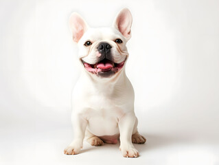 Cute and adorable white french bulldog puppy sitting on white background, front view photograph. studio shot.