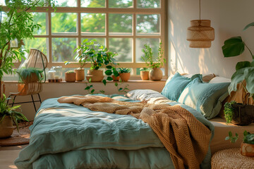 Bright and cozy modern bedroom with a large window with soft pillows.