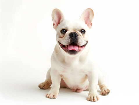 Cute and adorable white french bulldog puppy sitting on white background, front view photograph. studio shot.