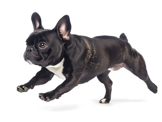 Cute and adorable french bulldog running with happy face on white background, side view photograph. studio shot.