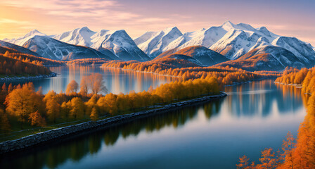 A serene landscape with mountains in the background and a river running through the foreground. - Powered by Adobe