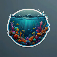 Pegatina diseño 3d mar olas fondo marino corales peces - obrazy, fototapety, plakaty