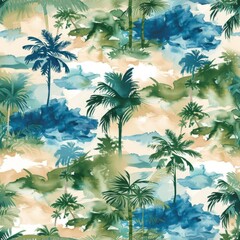 Abstract watercolor tropical panorama with palm trees.