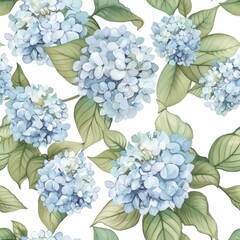 Inviting capri blue hydrangeas bloom in this seamless watercolor design, infusing spaces with a touch of organic elegance and floral charm.