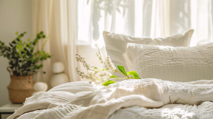 Comfortable bed with soft pillows in modern room, closeup