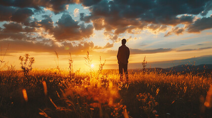 Man standing in a wheat field at sunset and looking at the sun - obrazy, fototapety, plakaty