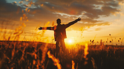 Silhouette of a man with raised hands in the field at sunset