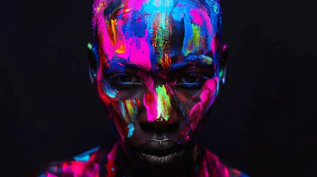 A Jamaican model's face bursts with fluorescent body paint, crafting a visage that's both a radiant canvas of neon abstract art and a bold cultural statement.