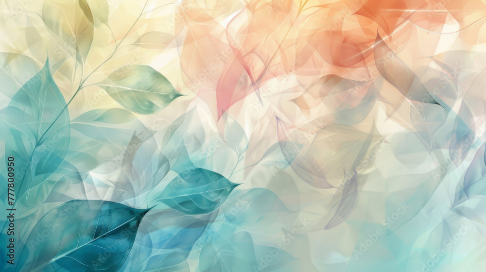 Poster abstract colorful background with a soft focus on translucent spring leaves in pastel tones
