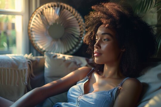 A Woman With Curly Hair Is Sitting On A Couch In Front Of A Fan