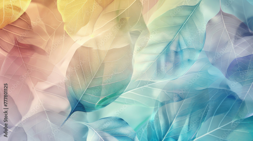 Poster abstract, colorful background with translucent spring leaves in soft hues
