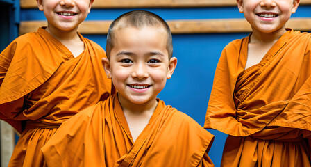 Three young monks standing in a row, smiling and looking at the camera. - obrazy, fototapety, plakaty