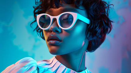 Stylish Woman in Blue Hues with White Sunglasses, Neon Glow