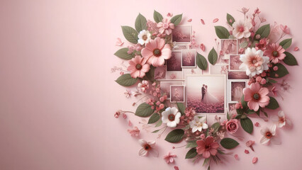 Vintage photo frame with roses, envelope and hearts on a pink background
