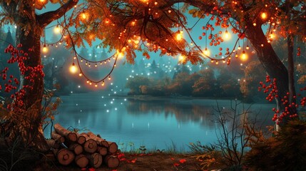 Autumn scenery background wallpaper by the beautiful lake in the afternoon - obrazy, fototapety, plakaty
