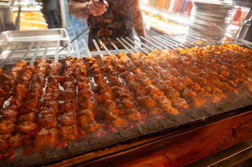 Turkish mixed grill meat, chicken wings, lamb, beef shashlik, kebab cooking on charcoal grill in...