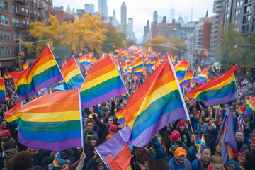 Happy Pride Celebration Parade in June with LGBTQ+ Community. Rainbow Flags and Colors.