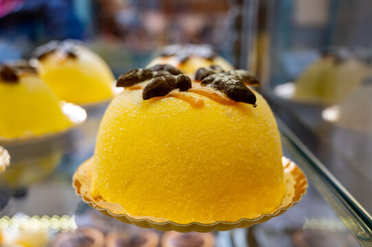 Polenta e Osei di Bergamo Alta most renowned sweet specialty of Bergamo&rsquo;s cuisine, made from sponge cake, chocolate, butter, hazelnut creams and rum