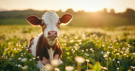 Joyful Cow Frolicking in Green Pastures - obrazy, fototapety, plakaty