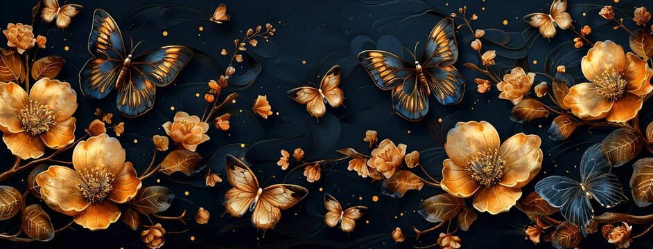 Fototapeta Luxury gold oriental style background vector. Chinese and Japanese wallpaper pattern design of elegant butterflies and peony flower with gradient gold line texture. Design for decoration, wall decor