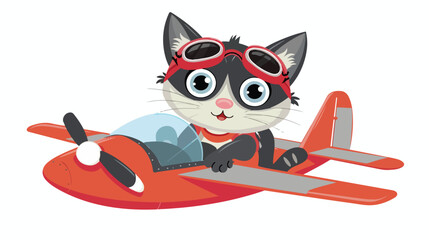 Cartoon baby cat operating a plane flat vector isolated