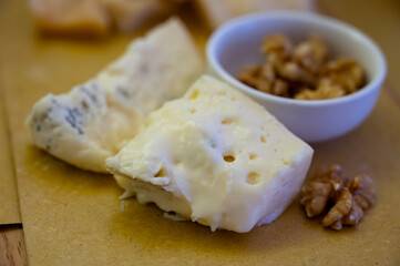 Cheese tasting, piece of italian blue cheeses gorgonzola dolce and picante with blue mold from north of Italy close up