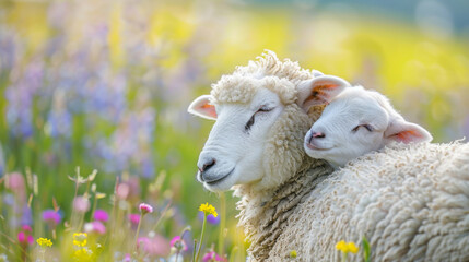 Tender moment between sheep in spring meadow
