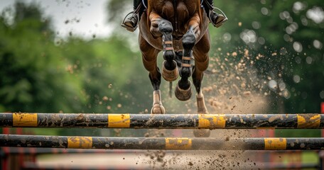 Flying Hooves. Overcoming Hurdles - The Majestic Saga of Equestrian Jumping - obrazy, fototapety, plakaty